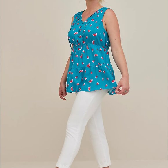 TEAL WATERMELON RAYON SLUB BUTTON-FRONT TIERED TANK - TORRID - Picture 4 of 4